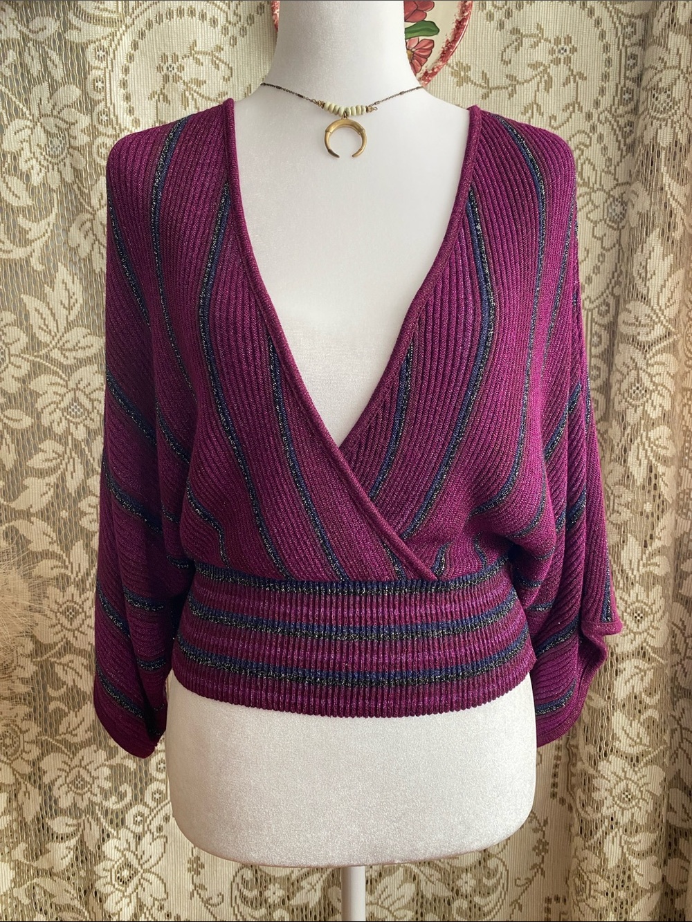 Mango Deep Purple Plum Wrap Style Sweater with Navy Metallic Stripes Size Small